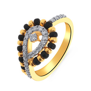 Elegant Multi-Row <b>Ring</b> in 14K Gold Plating with Diamond Pave <b>Black</b> Onyx Bead Detailing and Bold Yellow-Gold Band - Product Image 1