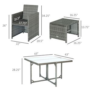 Set da pranzo da esterno in vimini a 8 pezzi con tavolo quadrato in vetro e cuscini, sedie e pouf salvaspazio in rattan - Product Image 3