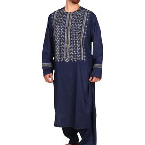 Robe afghane pour homme en coton de luxe avec broderie verticale or marine, artisanat raffiné, costumes afghans pour homme - Product Image 1