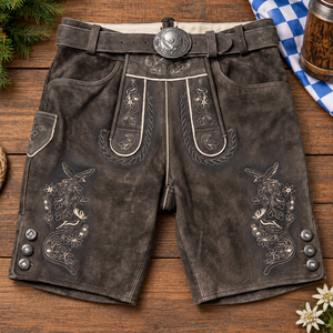 Auténticos pantalones cortos bávaros de cuero para hombre, pantalones cortos de gamuza tradicionales alemanes para festivales de cerveza, finamente bordados a mano, estilo Trachten - Product Image 4