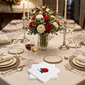 Custom Wholesale Handmade Embroidery Red Rose Square Cocktail Napkin 6*6" Durable Reusable Hemstitch 100% Cotton Beverage Home - Product Image 2