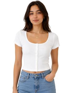 Haut court côtelé blanc pour femme, à manches courtes, boutonné sur le devant, coupe ajustée, col carré, décontracté, en coton, pour l'été - Product Image 1