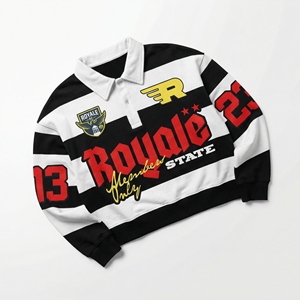 Sudadera Polo a Rayas Blancas y Negras al por Mayor |   Suéter extragrande estilo rugby con escudo y mangas estilo real |   Ropa Urbana OEM - Product Image 1