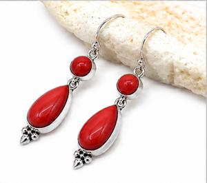 Red Coral 925 Sterling <b>Silver</b> <b>Dangle</b> <b>Earrings</b>, Handmade Teardrop Red Coral Gemstone <b>Earrings</b>, Genuine Coral Drop <b>Earring</b> - Product Image 1