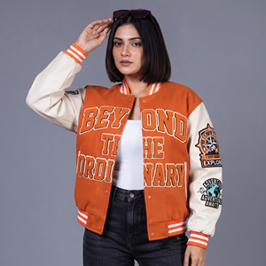 Veste universitaire pour femme de haute qualité, vente en gros du fabricant, avec manches en cuir et patchs, style baseball - Product Image 6