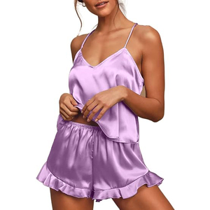 Ensemble de pyjama en satin, col en V, sans manches, short, vêtements de nuit, couleur unie, violet, vêtements de nuit d'été, taille élastique lisse - Product Image 3