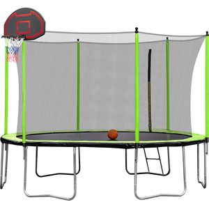 14FT Green <b>Trampoline</b> with Basketball Hoop Inflator and Ladder Inner Safety <b>Enclosure</b> for Jumping Toys - Product Image 1