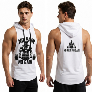 Hooded Gym Workout Tank Top Men Printed <b>Singlet</b> Hoodie Fitness Wear Knitted Tank Top 100% Cotton Polyester Hooded Vest Top - Product Image 6