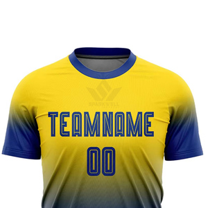 เสื้อฟุตบอลชายสั่งทำพิเศษ สีเหลือง-น้ำเงินไล่เฉด พิมพ์ลายแบบ Sublimation แขนสั้น ระบายเหงื่อ แห้งเร็ว ผลิตจากโพลีเอสเตอร์ สำหรับทีมฟุตบอล - Product Image 4