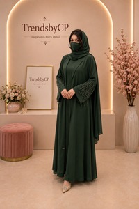 Robe Abaya élégante et modeste pour femmes |   Robe de soirée simple en organza brodée naturelle |   Manches de luxe ornées en gros - Product Image 5