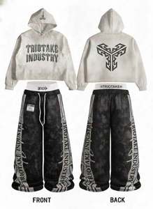ชุดเซ็ตเสื้อฮู้ดดี้และกางเกงสเวตแพนท์เอวสองชั้นผ้าคอตตอนหนานุ่ม ซักย้อมสีแบบแอซิดวอช พิมพ์ลายกราฟิก DTG สไตล์สตรีทแวร์คุณภาพสูง ไซส์ใหญ่พิเศษ - Product Image 3