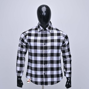 Camisa a Cuadros de Manga Larga para Hombre, Precio Económico al por Mayor, Corte Regular, Estilo Casual, Tejido con Patrón, Cuello Negro, Blanco y Gris - Product Image 1