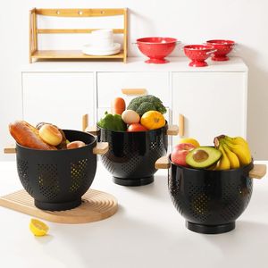 Stable Base Powder Coated Steel Kitchen <b>Strainer</b> Basket Metal <b>Colander</b> with Wood Handle for Draining Pasta & Vegetables - Product Image 5