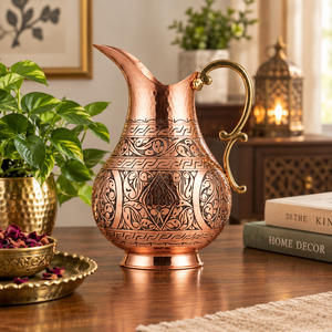 Jarra de Agua de Cobre Grabada Antigua con Asa de Latón, Patrón Floral Intrincado, Jarra Ayurvédica, Utensilios de Servicio, Decoración del Hogar - Product Image 4