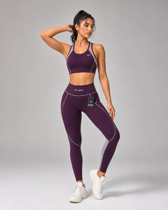 Conjunto de Yoga F2 WIN para Mujer, Sujetador Deportivo con Espalda Cruzada, Leggings de Cintura Media, Largos, Sin Costuras, con Costuras en Contraste, Color Morado, Conjunto de 2 Piezas, Secado Rápido - Product Image 1