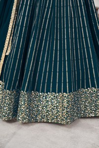 Blue <b>Sequin</b> Chiffon Striped Short Sleeve Lehenga Choli Set Embroidered Banarasi Style Full Women Outfit Dupatta Wedding Party - Product Image 6