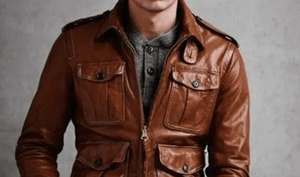 <b>Men's</b> <b>Brown</b> Genuine <b>Leather</b> Moto Biker <b>Jacket</b> Turn-down Collar Zipper Closure Regular Fit Autumn Wear - Product Image 3