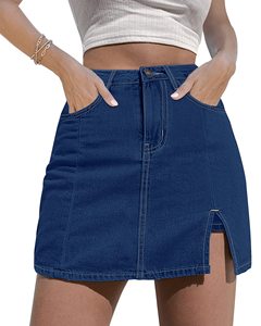 Falda pantalón vaquera de mujer de cintura alta con abertura lateral, shorts elásticos de mezclilla, venta al por mayor OEM - Product Image 1