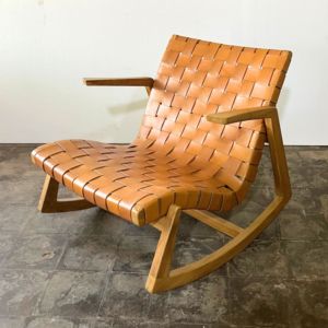 Mid Century Modern Woven Leather Rocking <b>Chair</b> Solid <b>Teak</b> Wood Frame <b>Garden</b> Outdoor Lounge Seat Handmade Design Furniture - Product Image 1