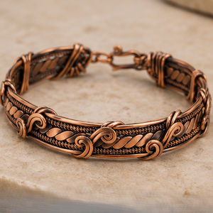 Handcrafted Pure Copper <b>Wire</b> Wrapped Scrollwork Link Bracelet With Embossed Design Luxury Metal Jewelry - Product Image 1