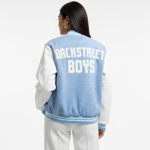 BstreetBoys Varsity <b>Jacket</b> Light Blue White Embroidered Lettering Preppy Style Unisex All season Wear Custom <b>Rhinestone</b> Varsity - Product Image 2