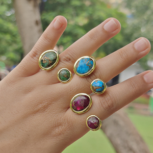 18k Gold Plated Copper Turquoise <b>Adjustable</b> <b>Ring</b> Solid Brass Double Stone Front Open <b>Rings</b> Unisex Daily Wear Wholesale Jewelry - Product Image 5