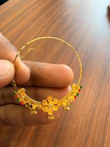 Anillo de nariz de oro macizo de 22k, joyería nupcial tradicional india, diseño de aro con esmalte floral de pavo real, tamaño grande, alambre para perforación. - Product Image 6