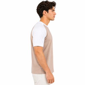T-shirt décontracté pour homme, beige et blanc, à manches courtes raglan, col rond, bicolore, 100 % coton, personnalisable OEM, vente en gros, séchage rapide, respirant - Product Image 4