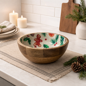 ชามเคลือบเงาธรรมชาติลายขนมปังขิง  ช้อนส้อมไม้มะม่วงแกะสลักด้วยมือ เป็นมิตรกับสิ่งแวดล้อม  ชุดอุปกรณ์เสิร์ฟสลัดจากไม้ธรรมชาติสำหรับใช้ในครัว - Product Image 5