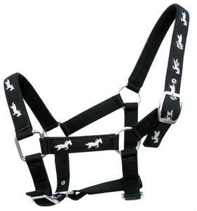 Cabestro de nailon negro con estampado de caballo blanco, equipo ecuestre ajustable, cabezada de cuero para caballo, equipo ecuestre ajustable - Product Image 1