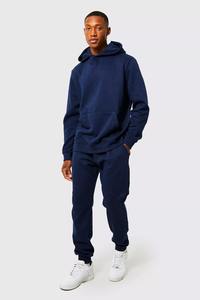 Ensemble de survêtement bleu marine à capuche pour homme, couleur unie, décontracté, sweat-shirt et pantalon pleine longueur, 100 % coton, poids moyen, coupe classique - Product Image 2
