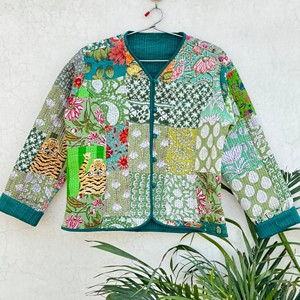 Veste matelassée en coton pour femme, patchwork floral, manches longues, col en V, fermeture boutonnée, vêtement d'extérieur printemps - Product Image 1