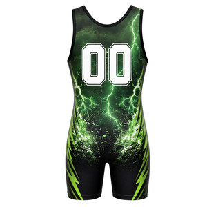 Men Green Black Sublimated Wrestling Singlet Polyester Wrestling Apparel <b>Athletic</b> Competition Training Match Uniform - Product Image 3