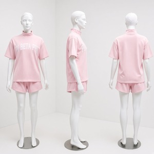 Conjunto de camiseta de cuello simulado y hombros caídos para mujer, shorts de ajuste holgado, ropa de verano a la moda - Product Image 3