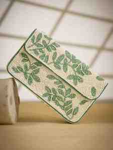 Beaded Women's <b>Shoulder</b> Bag Embroidered Leaf Pattern Bohemian Style Summer Handbag Single <b>Strap</b> White with Green Trim - Product Image 3