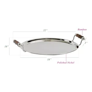 Plateau en métal rustique fait à la main, plateau de service pour la cuisine et le restaurant, plateau rond en nickel poli avec bambou - Product Image 1