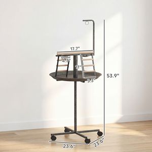 Supporto per Uccelli in Acciaio Inossidabile Stile Classico con Ruote, Vassoio Rotondo, Ciotole per Mangime Grigio Scuro per Uso Interno ed Esterno, Posatoio per Pappagalli - Product Image 2