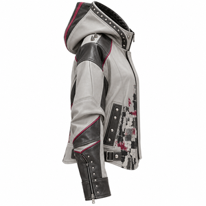 Grey <b>Women</b> Genuine Leather Hooded Jacket Custom Punk Portrait Graphic Print Colorblock Spiked <b>Outerwear</b> OEM Factory Service - Product Image 3
