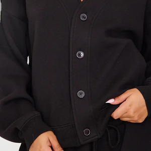 Manufacture Full Sleeve Daily Women's 2 Piece <b>Knitted</b> <b>Set</b> V Neck Cardigan Long Pants Solid Black Casual Loose Fit All Seasons - Product Image 3
