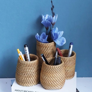 Wooden <b>marker</b> <b>pen</b> holder decorative desktop organizer woven rattan pencil pot basket for sale - Product Image 6