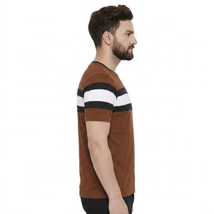 Nouveau T-shirt Homme Marron Rayé à Manches Courtes avec Bordure Contrastante Coupe Droite Décontractée en Coton Tricoté Col Rond - Product Image 3