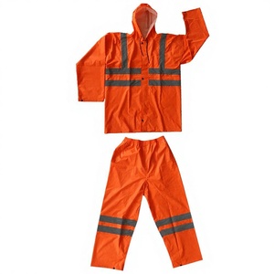 Orange Hi Vis Waterproof Chemical & Oil Resistant Rain Suit 2 Piece 190T Polyester <b>PVC</b> Coated Reflective Safety Raincoat Set - Product Image 2