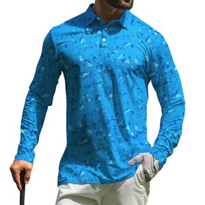 Camisa Polo de Golf de Manga Larga para Hombre con Estampado Geométrico, de Secado Rápido, Tejido de Poliéster Azul, Transpirable, Informal, en Venta - Product Image 6