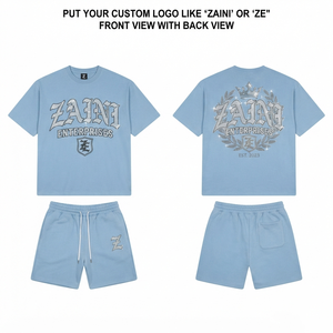 Ensemble T-shirt et short d'été respirant en molleton 100 % polyester 280 GSM pour homme, bleu ciel, avec impression en relief personnalisée en strass - Product Image 1
