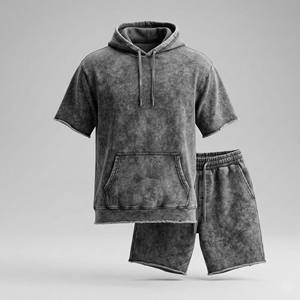 Conjunto de Sudadera con Capucha de Manga Corta para Hombre, Estilo Vintage, Felpa Gruesa, Transpirable, Verano, Borde Crudo, Lavado Ácido, Gris, Dos Piezas - Product Image 1