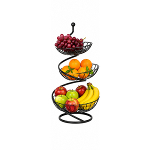 Corbeille à fruits moderne à 2 niveaux avec poignée, en fil métallique noir, organisateur de comptoir de cuisine, design festonné, support de rangement pour légumes - Product Image 4