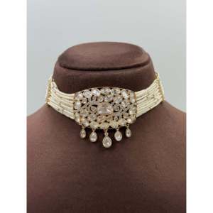 Indian Ethnic Ridhima Moissanite <b>Gold</b> Plated Bridal Choker Necklace <b>Set</b> - Product Image 2