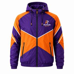 <b>Men's</b> Hooded <b>Racer</b> <b>Jacket</b> Purple Orange Color Blocking Windproof Zipper Front Logo Sporty Autumn Wear - Product Image 1