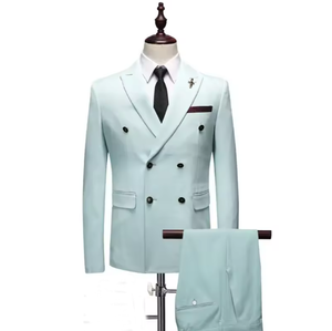 Costume d'affaires bleu clair pour homme, à double boutonnage, avec col cranté et pantalon à braguette boutonnée, pour occasions formelles - Product Image 1