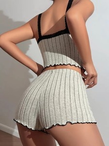 Ensemble de détente tricoté rayé pour femme, débardeur et short, taille élastique, vêtements de nuit doux côtelés, tenue décontractée de printemps, mélange coton élasthanne - Product Image 3